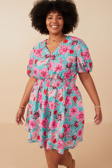 HY7933 Mint Womens Floral Print Smocked Waist Button Dress Front